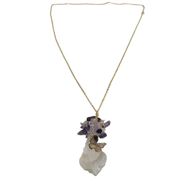 14k Gold Plated Butterfly Amethyst Crystal Necklace - Picture 3 of 3